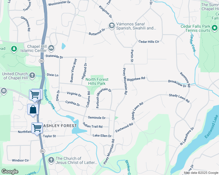map of restaurants, bars, coffee shops, grocery stores, and more near 231 Forbush Mountain Drive in Chapel Hill