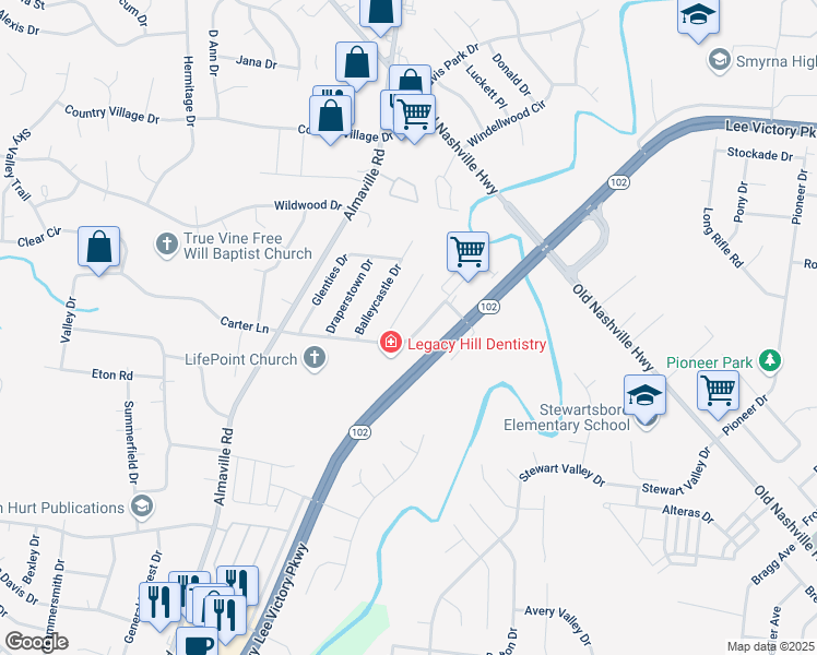 map of restaurants, bars, coffee shops, grocery stores, and more near 641 Legacy Drive in Smyrna