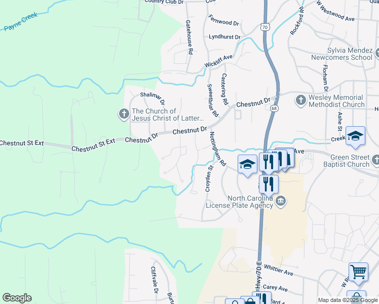 map of restaurants, bars, coffee shops, grocery stores, and more near 1710 Huntington Circle in High Point