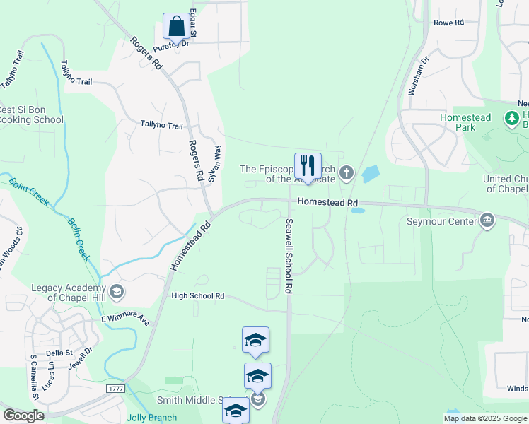 map of restaurants, bars, coffee shops, grocery stores, and more near 1915 Homestead Road in Chapel Hill