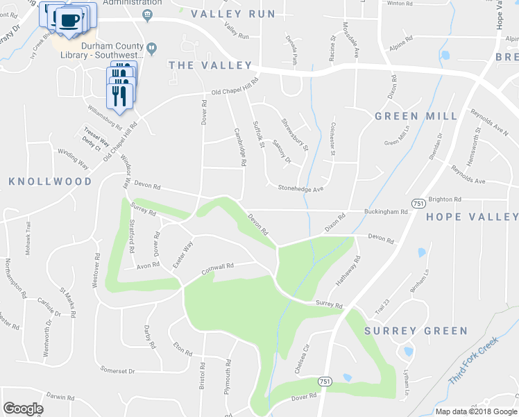 map of restaurants, bars, coffee shops, grocery stores, and more near 3114 Buckingham Road in Durham