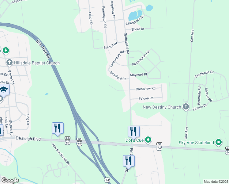 map of restaurants, bars, coffee shops, grocery stores, and more near 100-198 Stratford Road in Rocky Mount