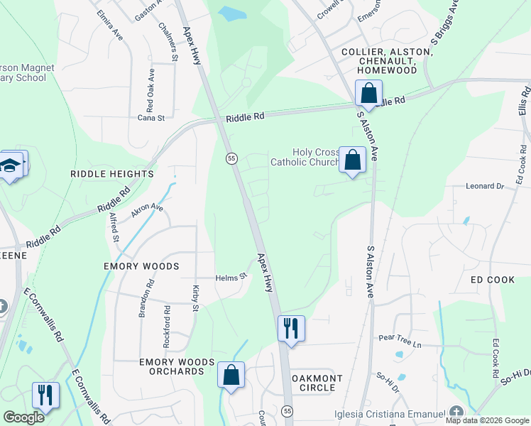 map of restaurants, bars, coffee shops, grocery stores, and more near 1022 Azimuth Drive in Durham