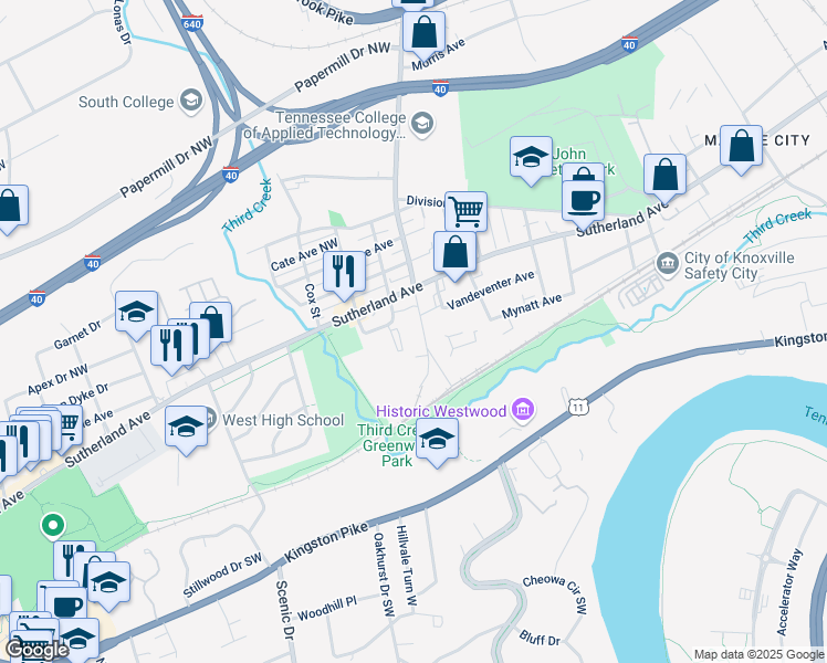 map of restaurants, bars, coffee shops, grocery stores, and more near 410 Harry Street in Knoxville