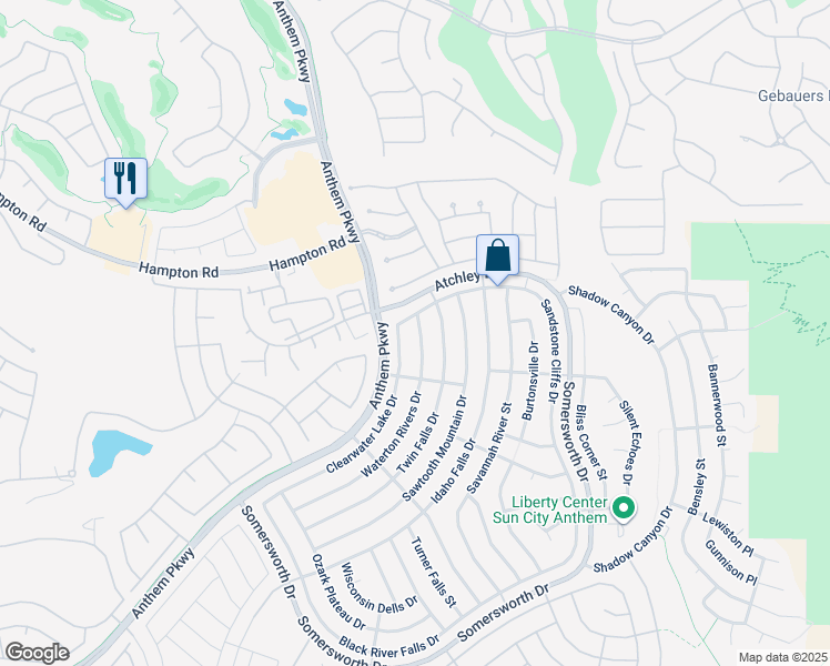 map of restaurants, bars, coffee shops, grocery stores, and more near 2091 Waterton Rivers Drive in Henderson