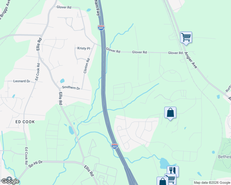 map of restaurants, bars, coffee shops, grocery stores, and more near Durham Freeway in Durham