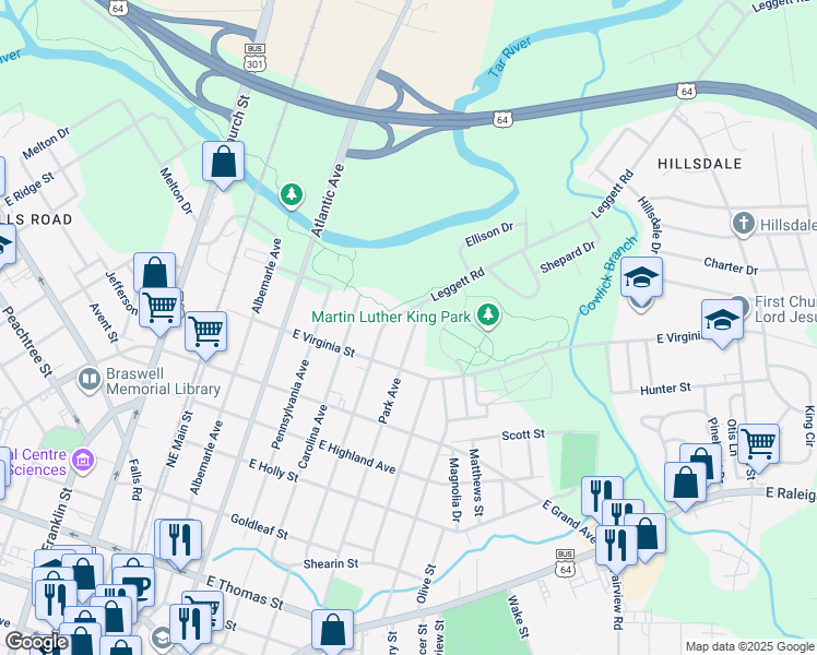 map of restaurants, bars, coffee shops, grocery stores, and more near 734 Park Avenue in Rocky Mount