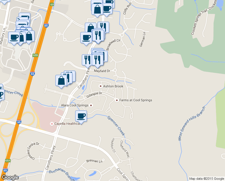 map of restaurants, bars, coffee shops, grocery stores, and more near 17103 Crowne Brook Circle in Franklin