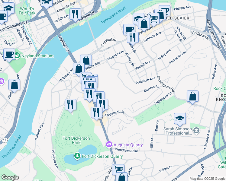 map of restaurants, bars, coffee shops, grocery stores, and more near 2501 Sherrod Road Southeast in Knoxville
