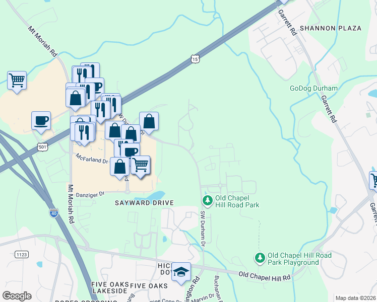 map of restaurants, bars, coffee shops, grocery stores, and more near 1400 Hopedale Avenue in Durham