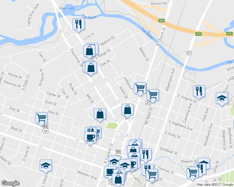 map of restaurants, bars, coffee shops, grocery stores, and more near 543 Falls Road in Rocky Mount