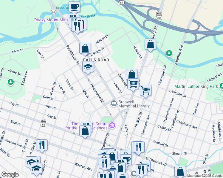 map of restaurants, bars, coffee shops, grocery stores, and more near 543 Falls Road in Rocky Mount