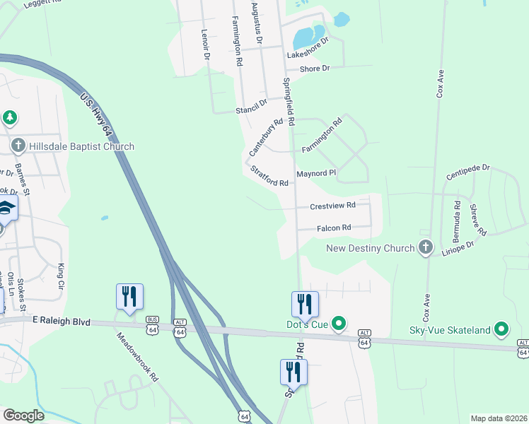 map of restaurants, bars, coffee shops, grocery stores, and more near 100-198 Stratford Road in Rocky Mount