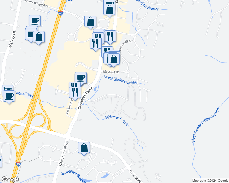 map of restaurants, bars, coffee shops, grocery stores, and more near 11307 Crowne Brook Circle in Franklin