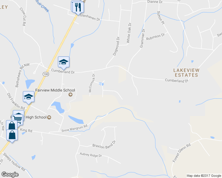 map of restaurants, bars, coffee shops, grocery stores, and more near 7104 Pleasant Grove Court in Fairview