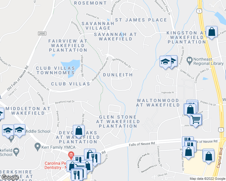 map of restaurants, bars, coffee shops, grocery stores, and more near 12441 Richmond Run Drive in Raleigh