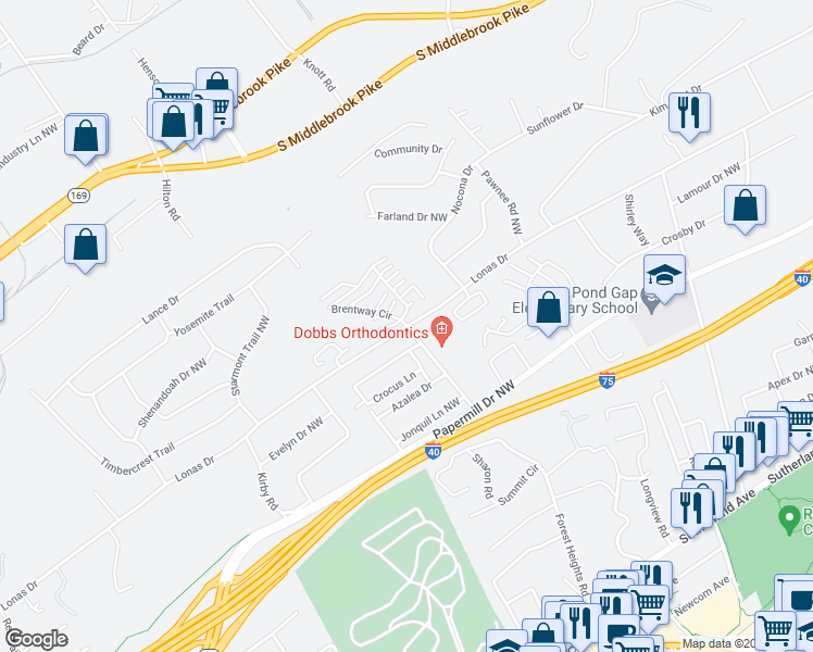 map of restaurants, bars, coffee shops, grocery stores, and more near 101 Brentway Circle in Knoxville
