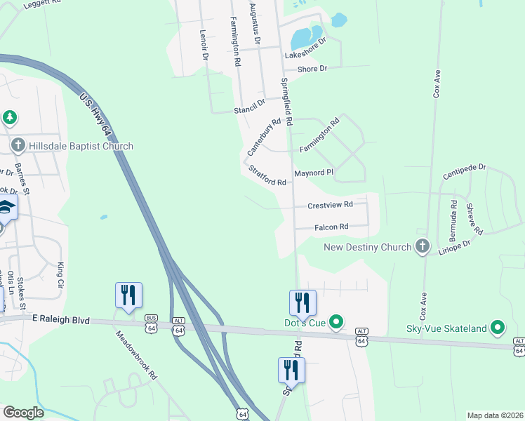 map of restaurants, bars, coffee shops, grocery stores, and more near 100-198 Stratford Road in Rocky Mount