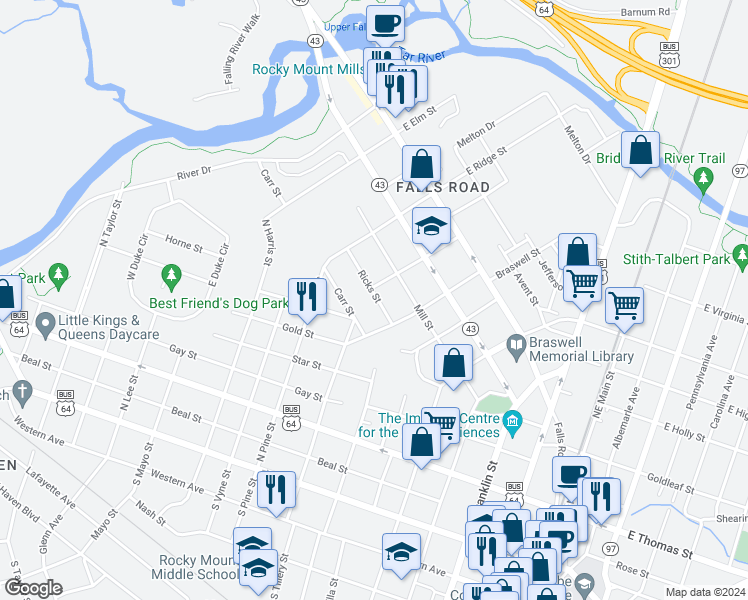 map of restaurants, bars, coffee shops, grocery stores, and more near 208 Creekridge Drive in Rocky Mount