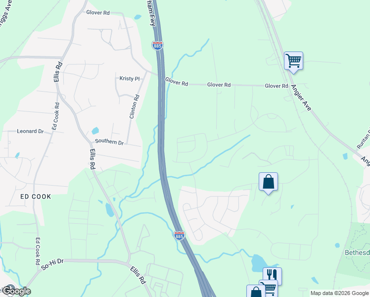 map of restaurants, bars, coffee shops, grocery stores, and more near Durham Freeway in Durham