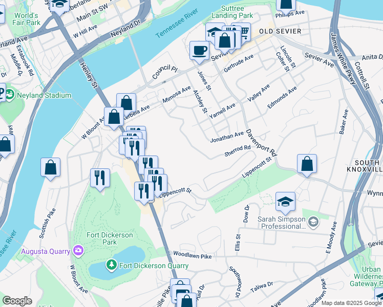 map of restaurants, bars, coffee shops, grocery stores, and more near 2511 Sherrod Road in Knoxville