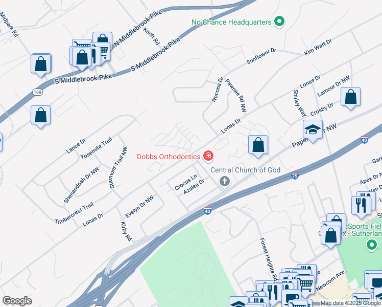 map of restaurants, bars, coffee shops, grocery stores, and more near 101 Brentway Circle in Knoxville