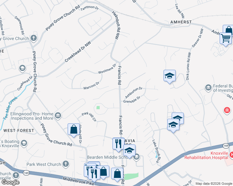 map of restaurants, bars, coffee shops, grocery stores, and more near 1333 Francis Road in Knoxville