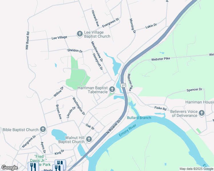 map of restaurants, bars, coffee shops, grocery stores, and more near 423 Hillside Drive in Harriman