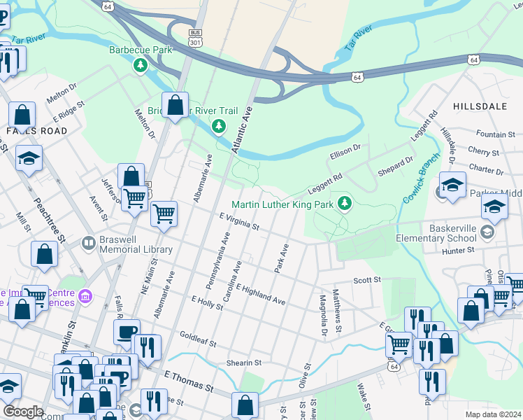 map of restaurants, bars, coffee shops, grocery stores, and more near 719 Carolina Avenue in Rocky Mount