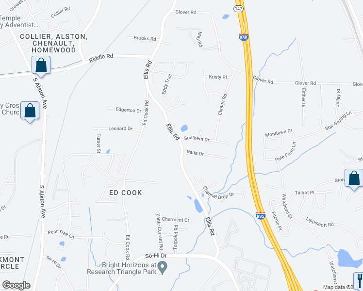 map of restaurants, bars, coffee shops, grocery stores, and more near Ellis Road in Durham