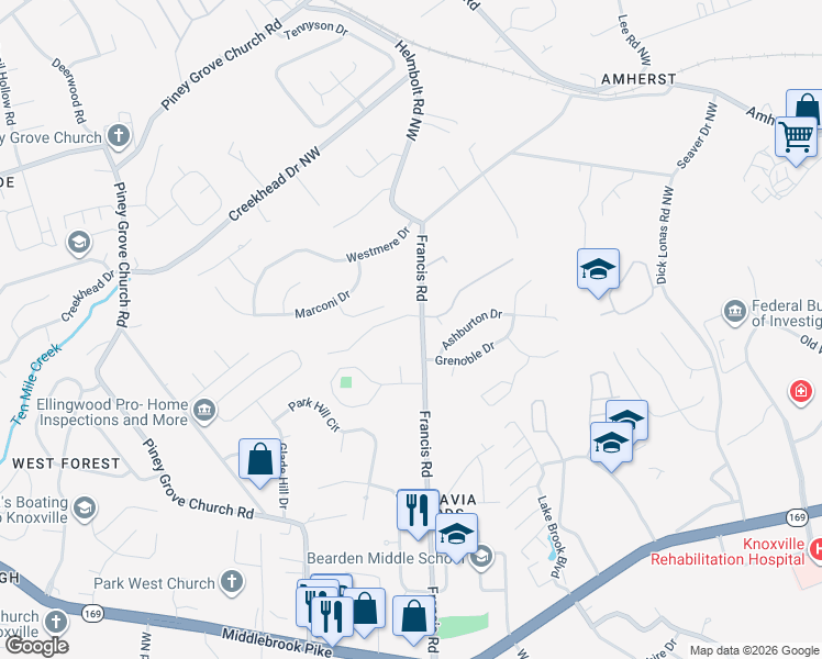 map of restaurants, bars, coffee shops, grocery stores, and more near 1333 Francis Road in Knoxville
