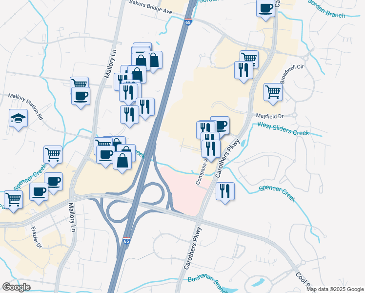 map of restaurants, bars, coffee shops, grocery stores, and more near 5000 Meridian Boulevard in Franklin