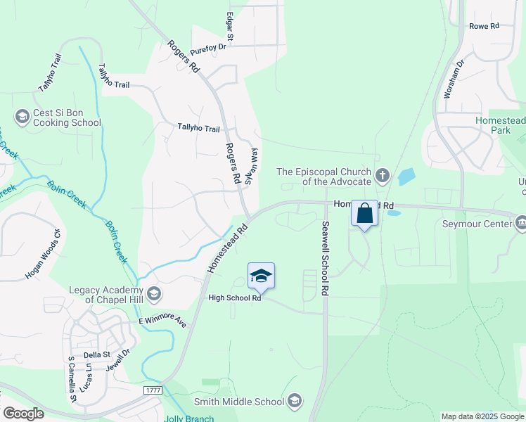 map of restaurants, bars, coffee shops, grocery stores, and more near 1915 Homestead Road in Chapel Hill