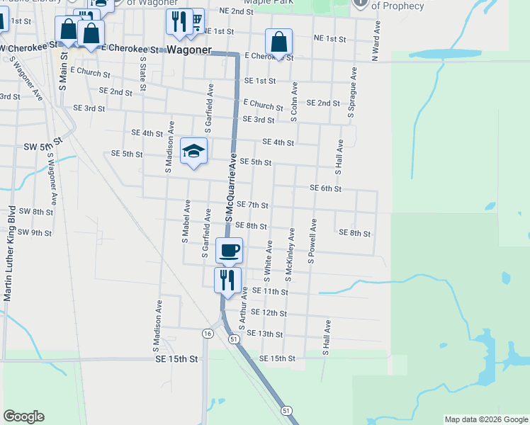 map of restaurants, bars, coffee shops, grocery stores, and more near 909 Southeast 7th Street in Wagoner