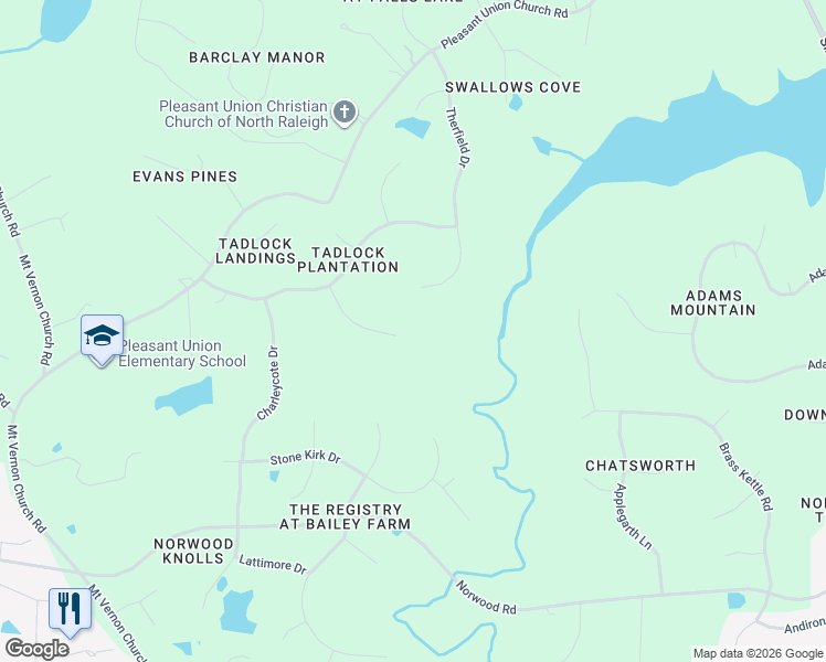 map of restaurants, bars, coffee shops, grocery stores, and more near 6100 Weobley Lane in Raleigh