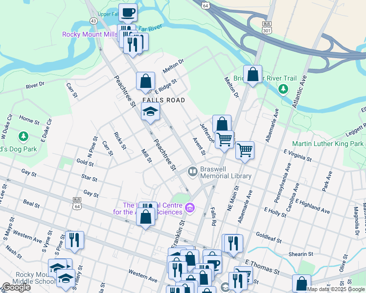 map of restaurants, bars, coffee shops, grocery stores, and more near 100 Wilkinson Street in Rocky Mount