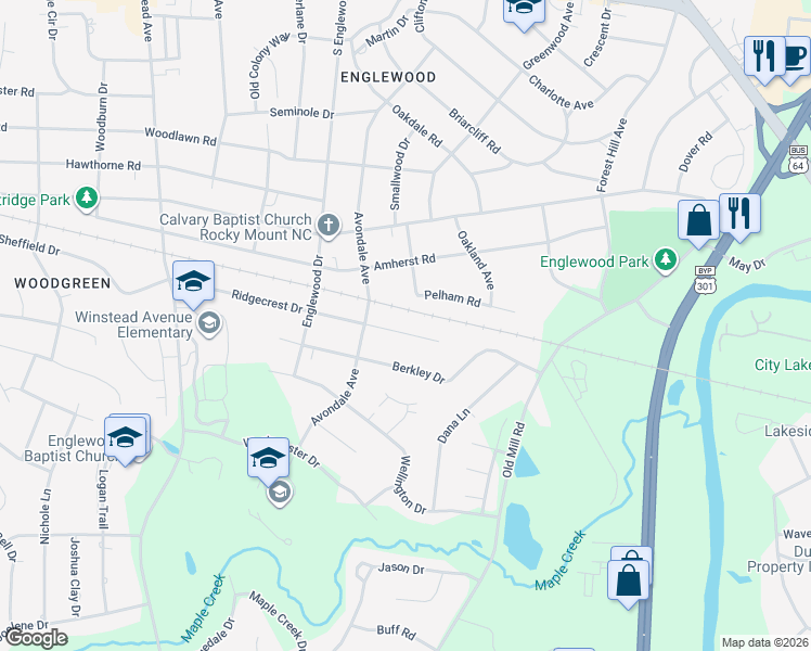 map of restaurants, bars, coffee shops, grocery stores, and more near 2920 Ridgecrest Drive in Rocky Mount