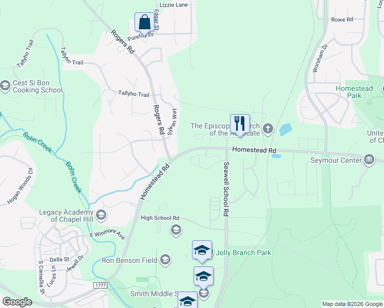 map of restaurants, bars, coffee shops, grocery stores, and more near 224 Lena Circle in Chapel Hill