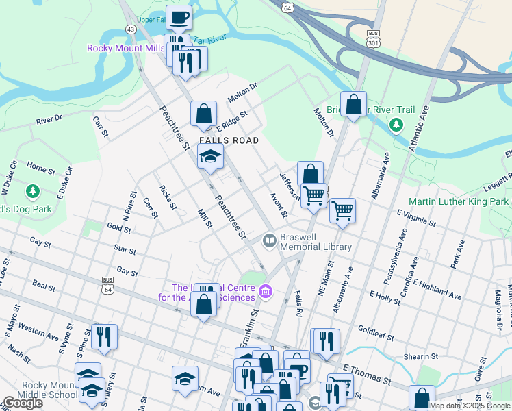 map of restaurants, bars, coffee shops, grocery stores, and more near 100 Wilkinson Street in Rocky Mount