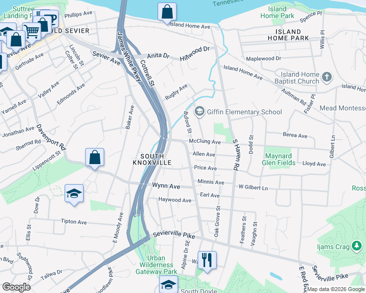 map of restaurants, bars, coffee shops, grocery stores, and more near in Knoxville