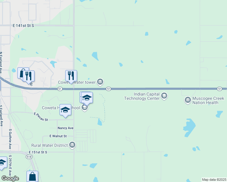 map of restaurants, bars, coffee shops, grocery stores, and more near 30992 Oklahoma 51 in Coweta