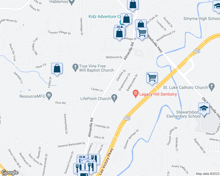 map of restaurants, bars, coffee shops, grocery stores, and more near 603 Glenties Drive in Smyrna