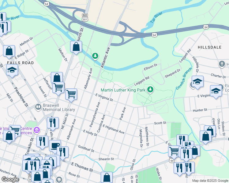 map of restaurants, bars, coffee shops, grocery stores, and more near 731 Carolina Avenue in Rocky Mount