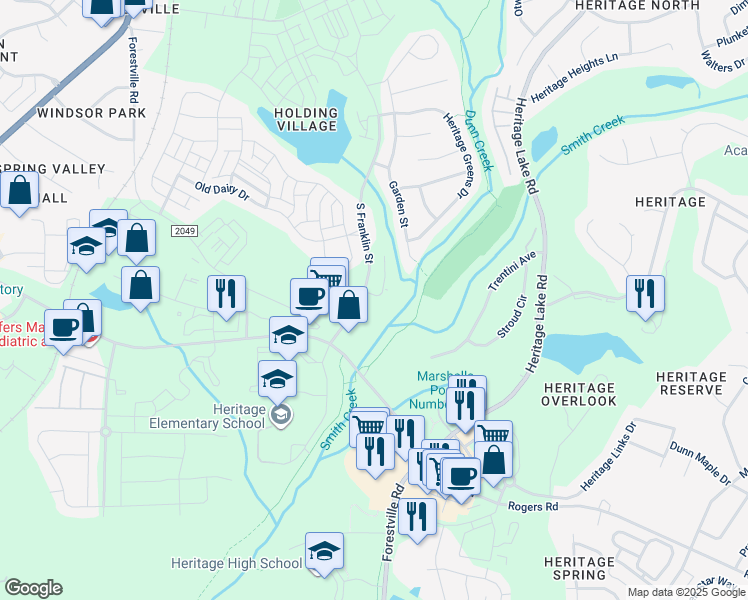 map of restaurants, bars, coffee shops, grocery stores, and more near 1725 Thicketon Circle in Wake Forest