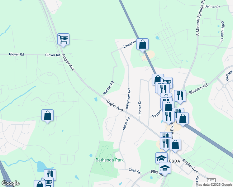 map of restaurants, bars, coffee shops, grocery stores, and more near 12 Artis Lane in Durham