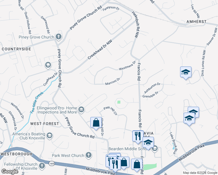 map of restaurants, bars, coffee shops, grocery stores, and more near 1512 Marconi Drive in Knoxville