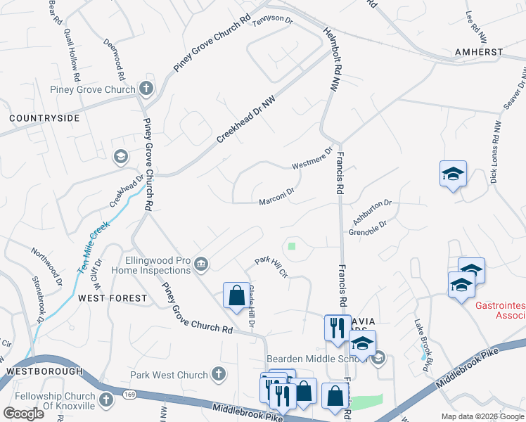 map of restaurants, bars, coffee shops, grocery stores, and more near 1512 Marconi Drive in Knoxville