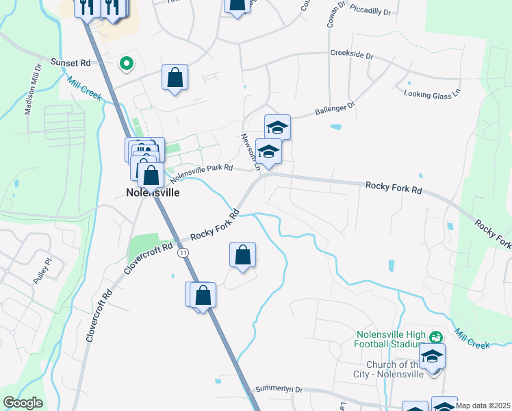 map of restaurants, bars, coffee shops, grocery stores, and more near 3279 Burris Drive in Nolensville