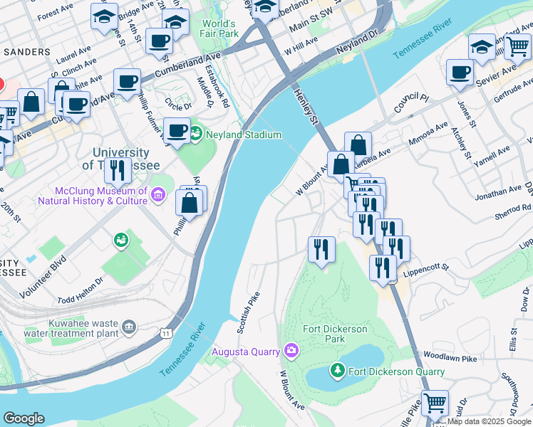 map of restaurants, bars, coffee shops, grocery stores, and more near 451 W Blount Ave in Knoxville