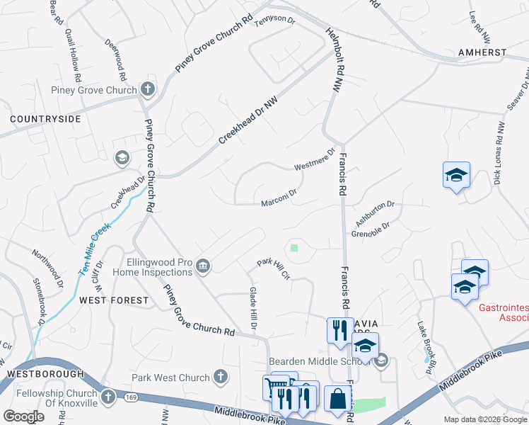 map of restaurants, bars, coffee shops, grocery stores, and more near 1512 Marconi Drive in Knoxville